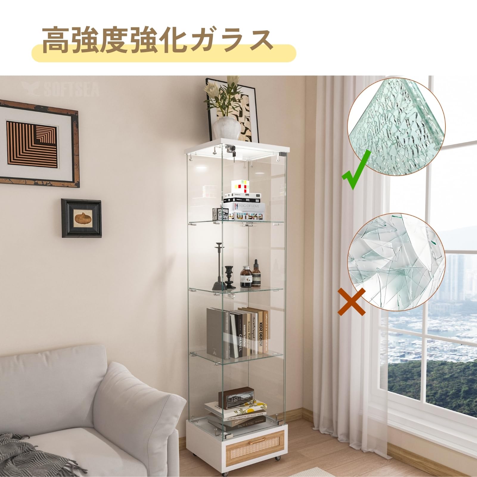 Amazon.co.jp: SOFTSEA ガラスディスプレイキャビネット LED照明付き
